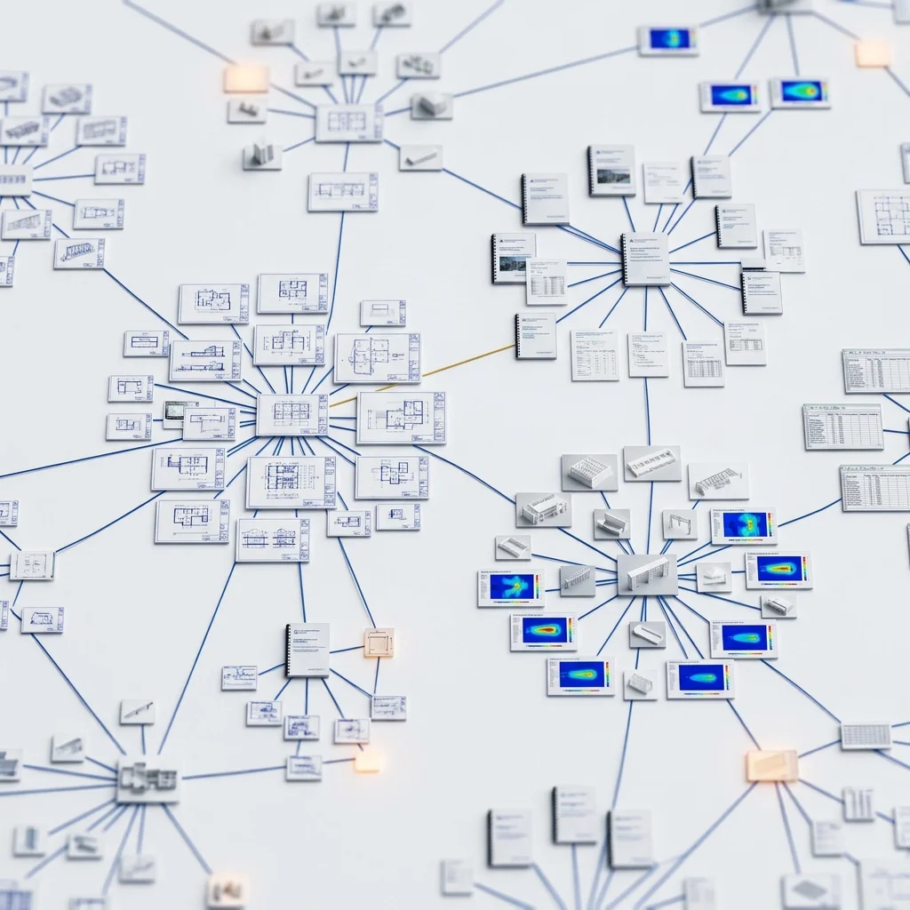Complex interconnected node network map, representing systems-level thinking and structured methodology in large-scale engineering documentation production