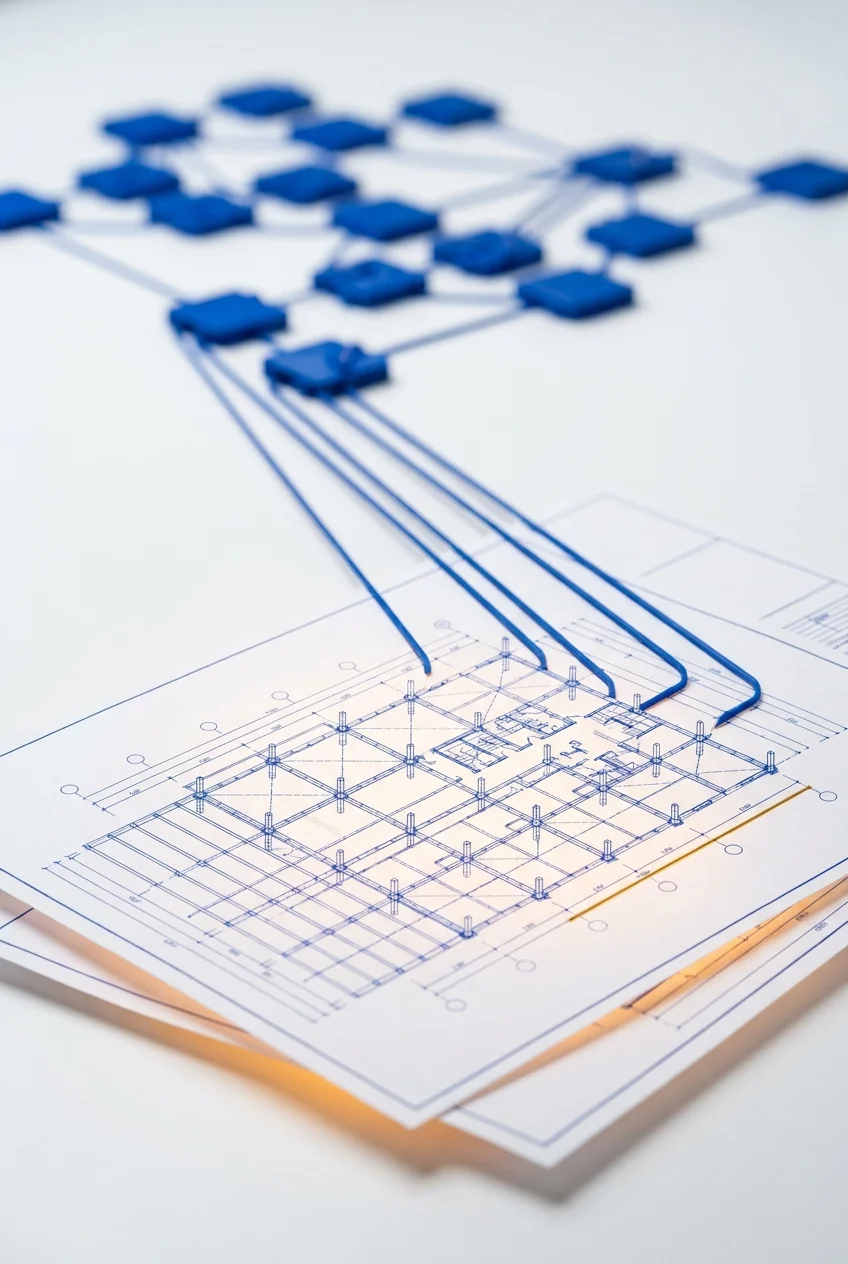 Document sheets connected by a structured network on a grid surface, representing single source of truth documentation systems for engineering delivery