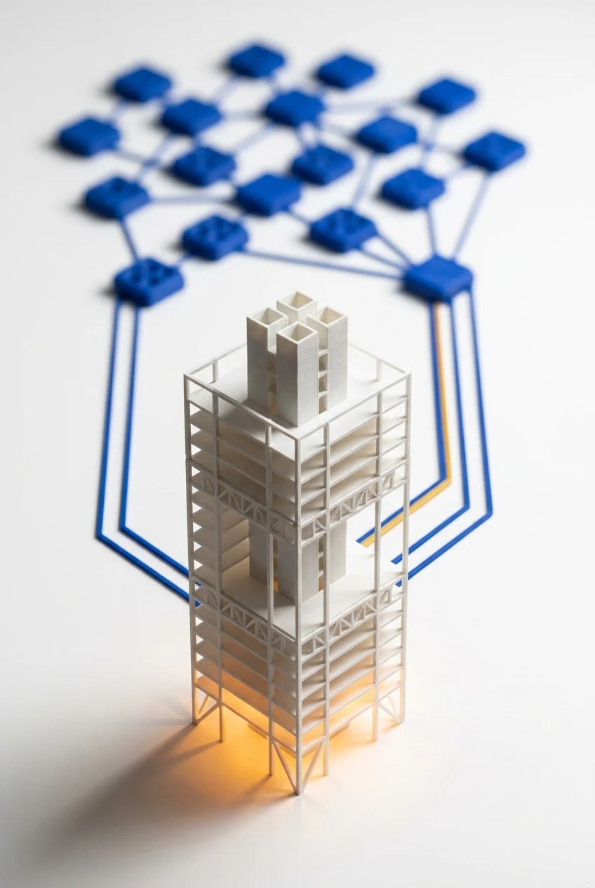 Building model with cobalt network nodes and data connections flowing upward, representing BIM-integrated structural engineering documentation for complex AEC projects