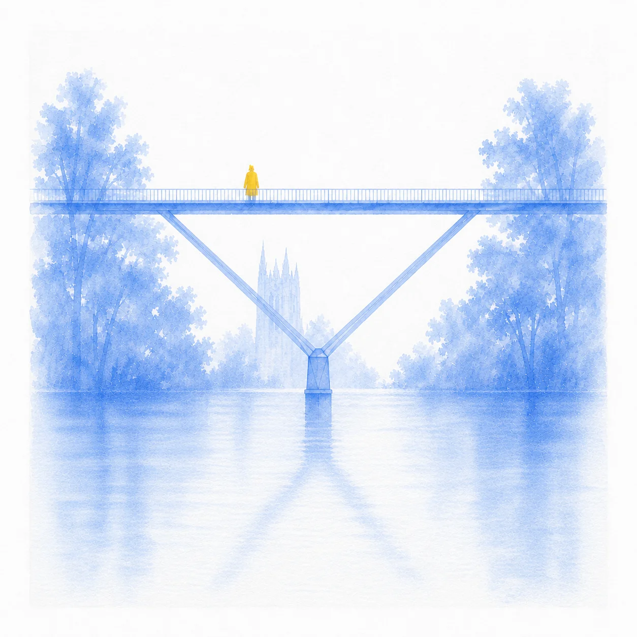 Watercolour of Kingsgate Bridge with a solitary golden figure on the deck, referencing Ove Arup's philosophy that engineering and human purpose belong together