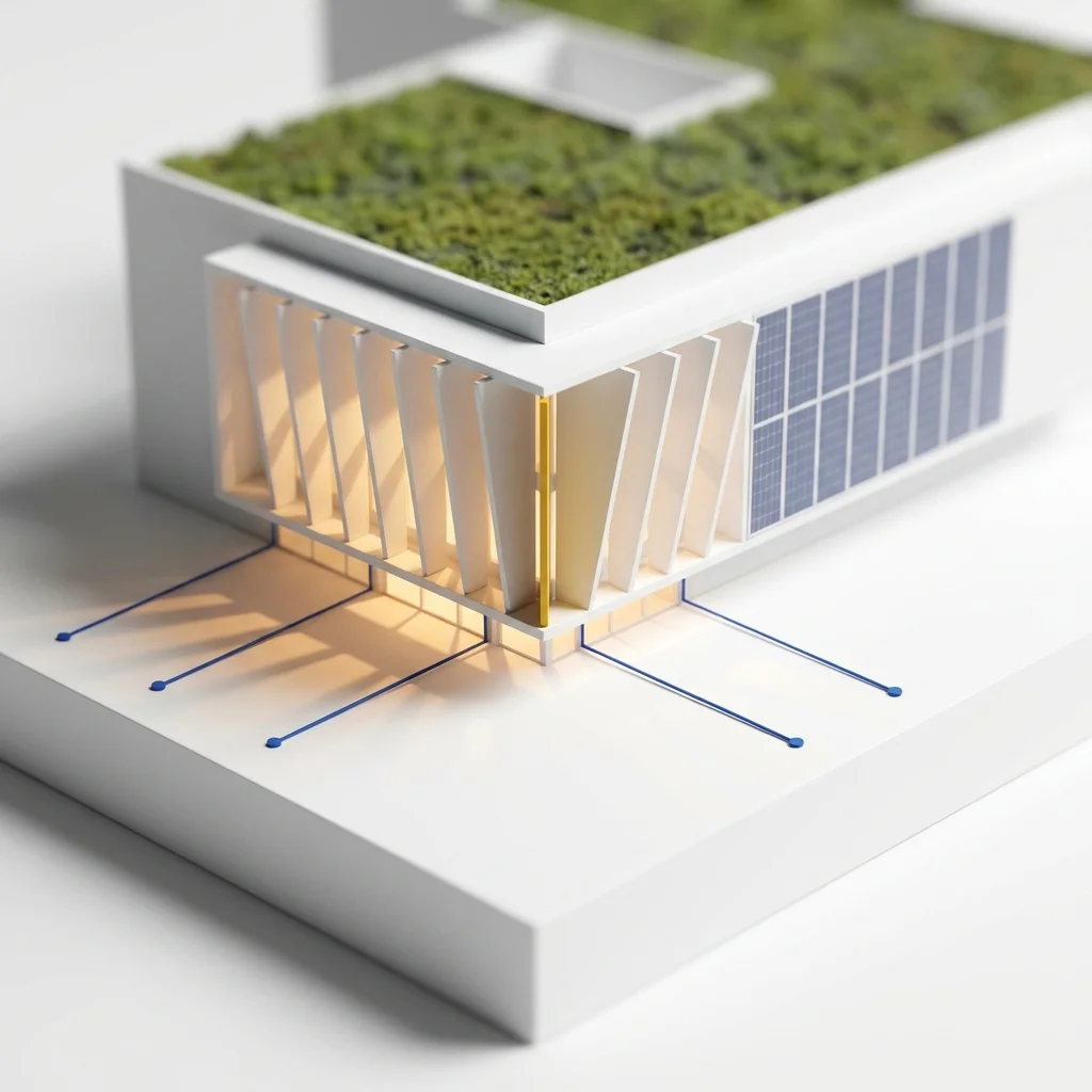 Architectural model of a sustainable building with green roof and solar panels, representing engineering judgment applied to optimisation within real project constraints