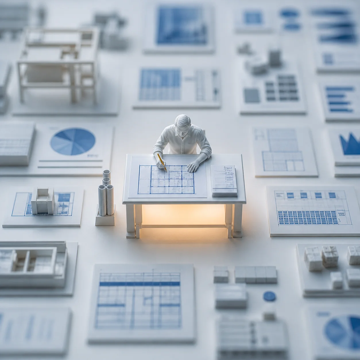 Overhead view of an engineering workspace with documents, models and technical tools, representing structured improvement methodology built from real structural engineering delivery experience