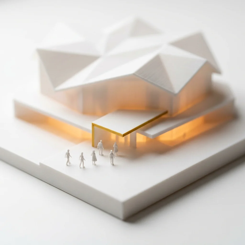 Geometric white architectural model with human figures at ground level, representing structural systems designed around human presence and real delivery conditions