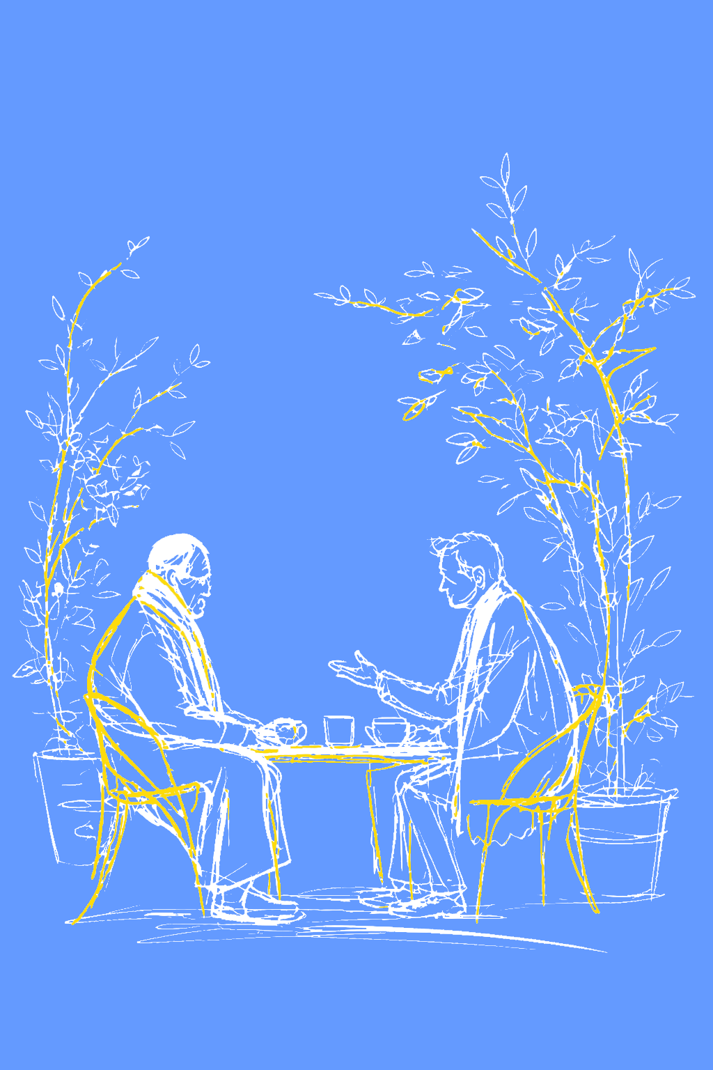 Two professionals in conversation at a café table, representing the starting point of a structural engineering documentation engagement with 3DWerk