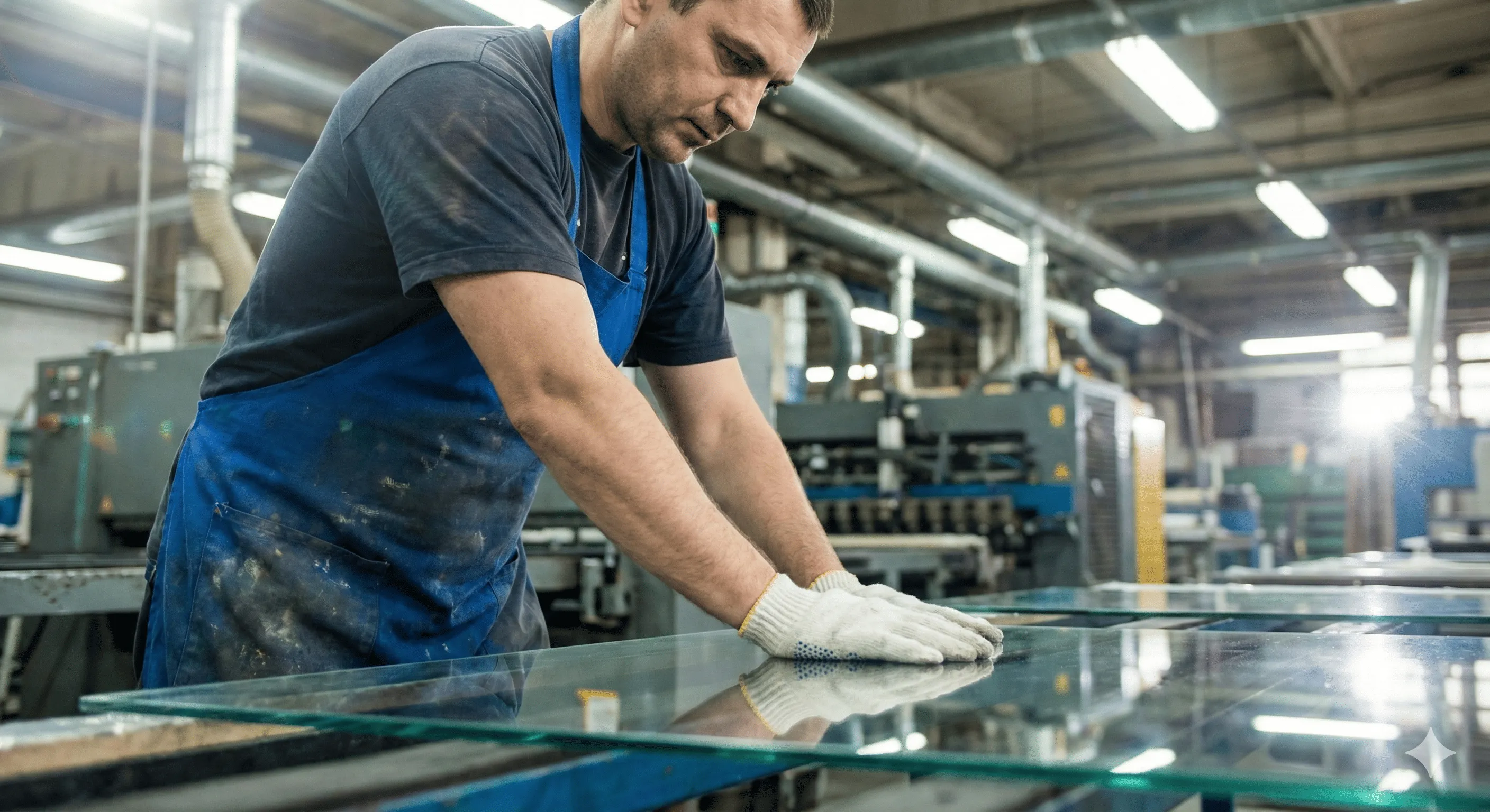 Worker in a blue apron and white gloves handling a large glass pane in an industrial factory setting.