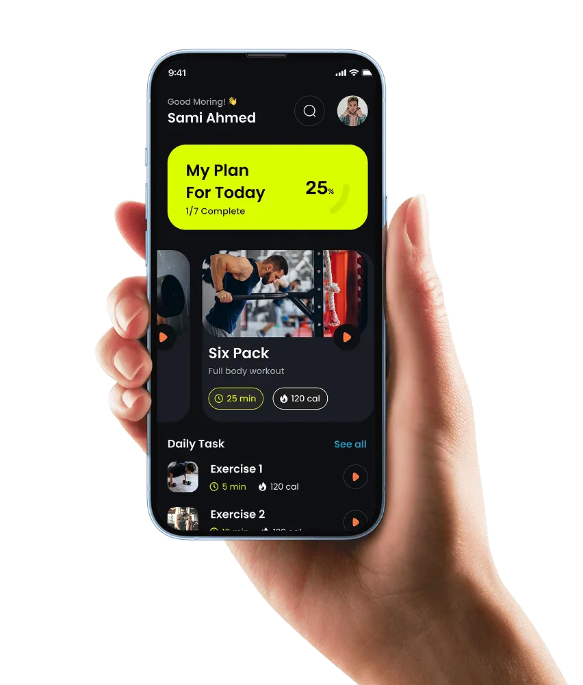 A hand holding a smartphone displaying a fitness app interface with a dark theme. The screen shows today’s fitness progress highlighted in a bright yellow box, workout session details with an image, and a daily streak tracker at the bottom.
