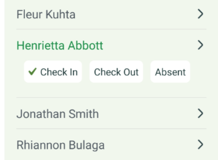 Mobile app screen showing a roster with check in / check out / absent buttons