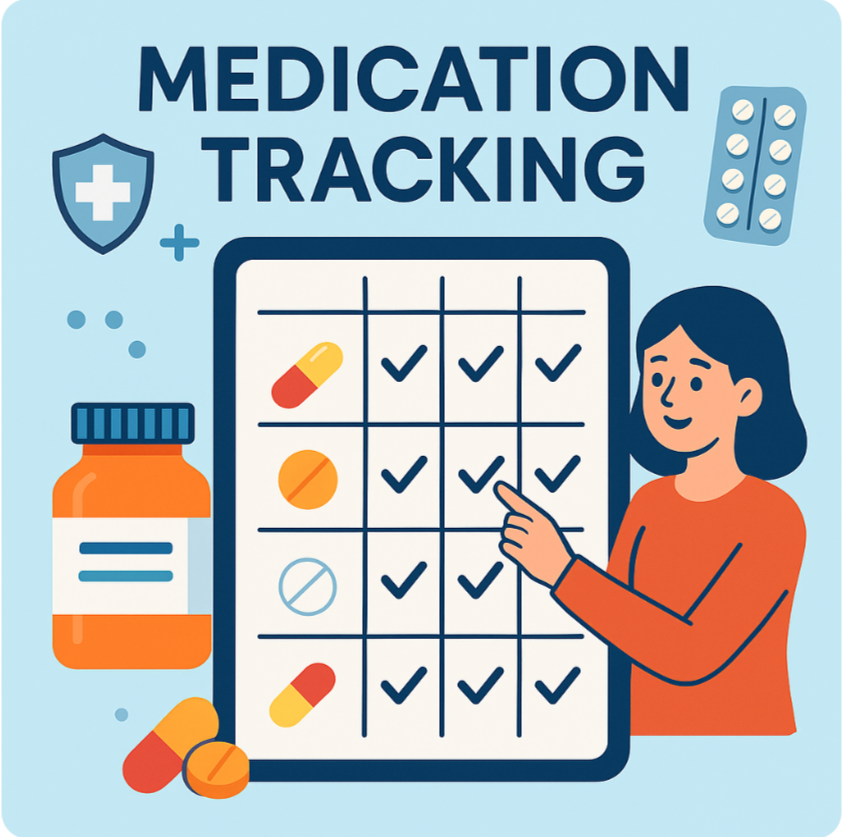 A woman using a chart to check off medications