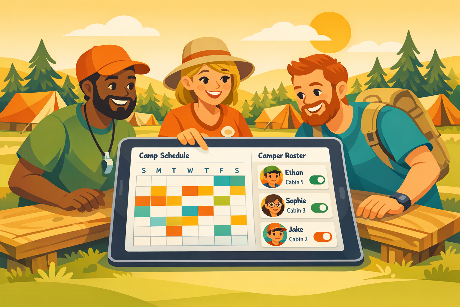 Summer camp staff looking at a tablet with a schedule and roster.