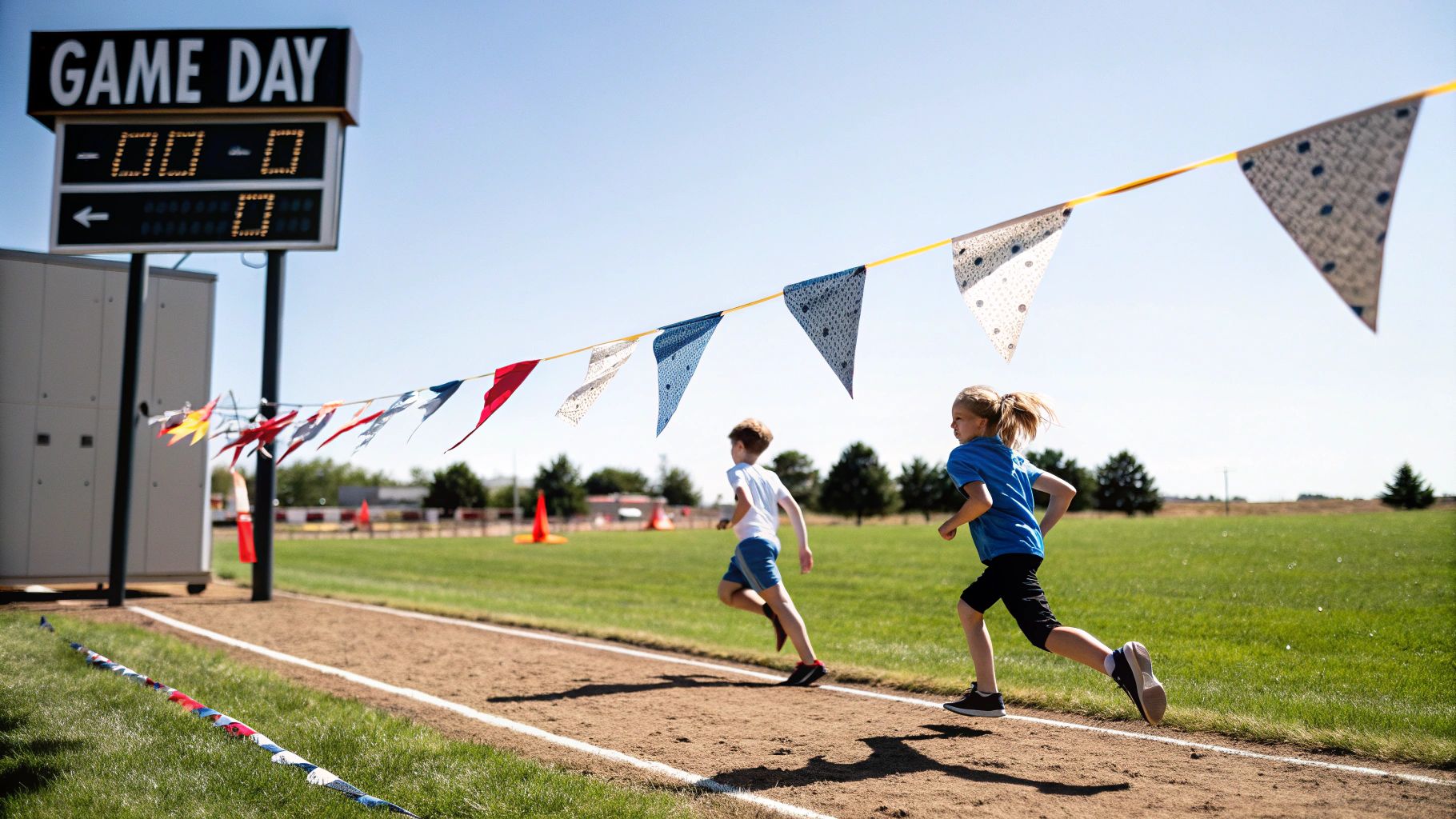 Two children running on a dirt track under a banner of colorful flags on a sunny day.