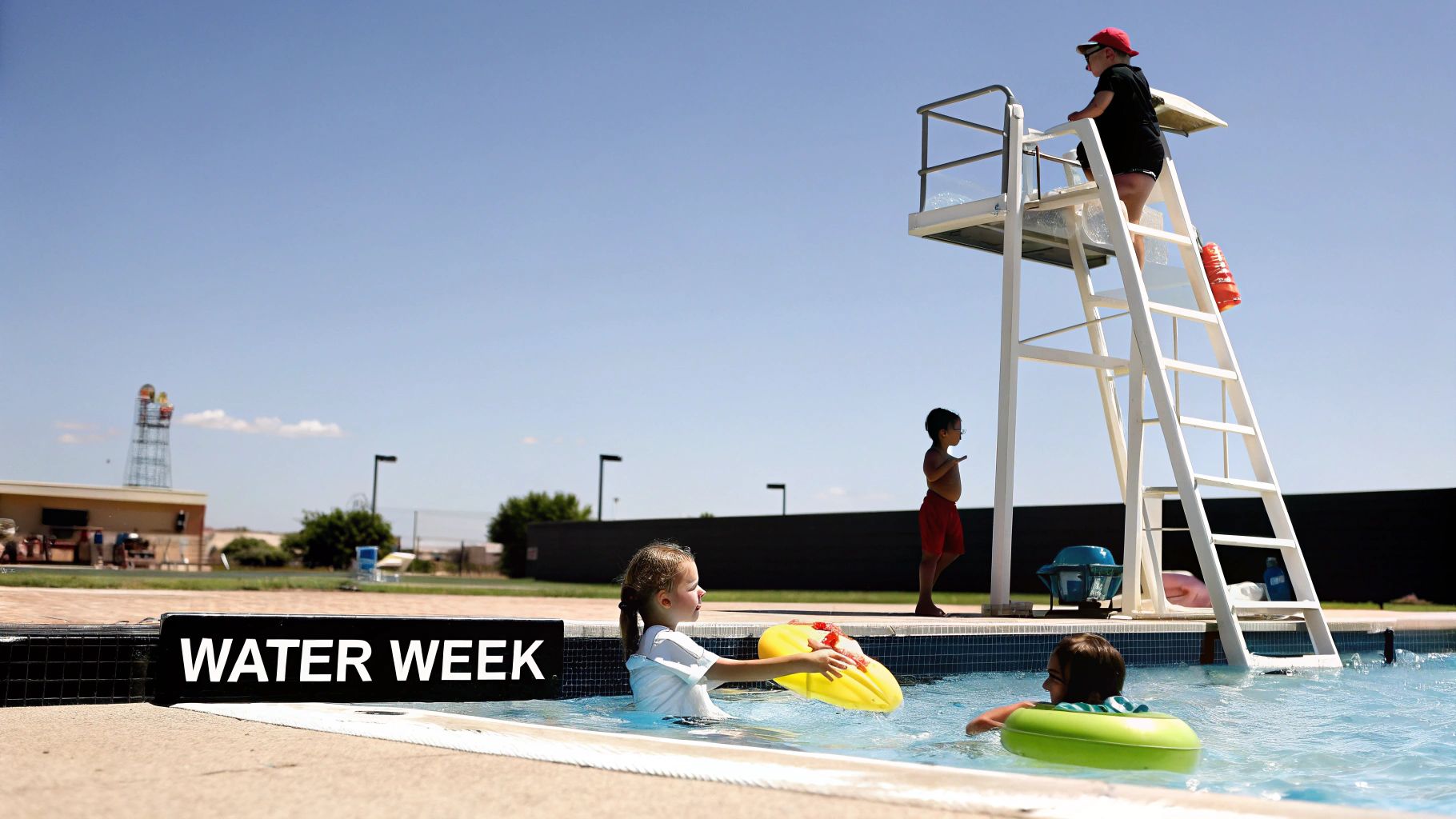 Children play at a swimming pool during 'Water Week' with a lifeguard stand under a blue sky.