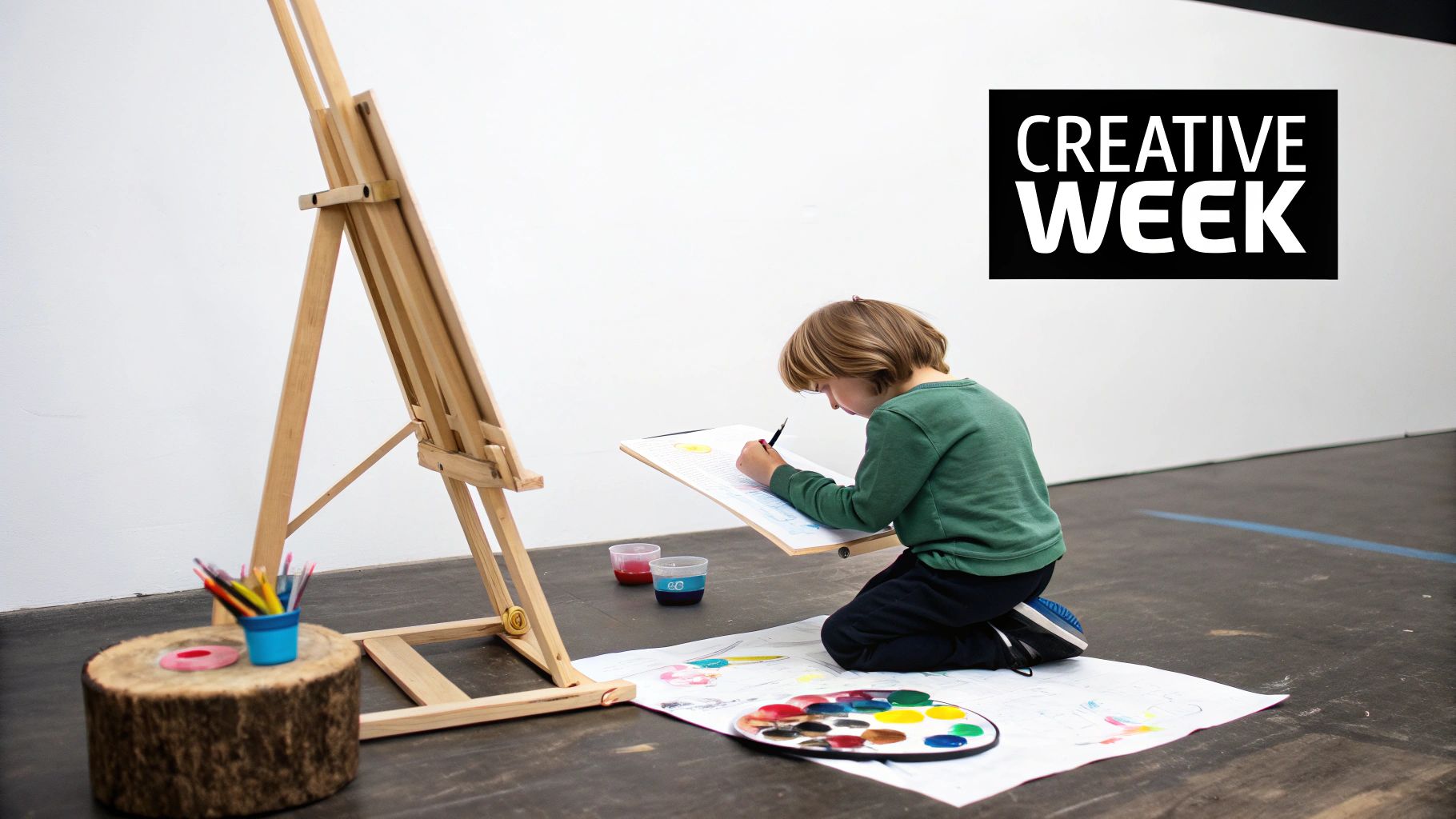 A young child kneels on the floor, focused on painting a picture with a paintbrush and colorful paints during "Creative Week".