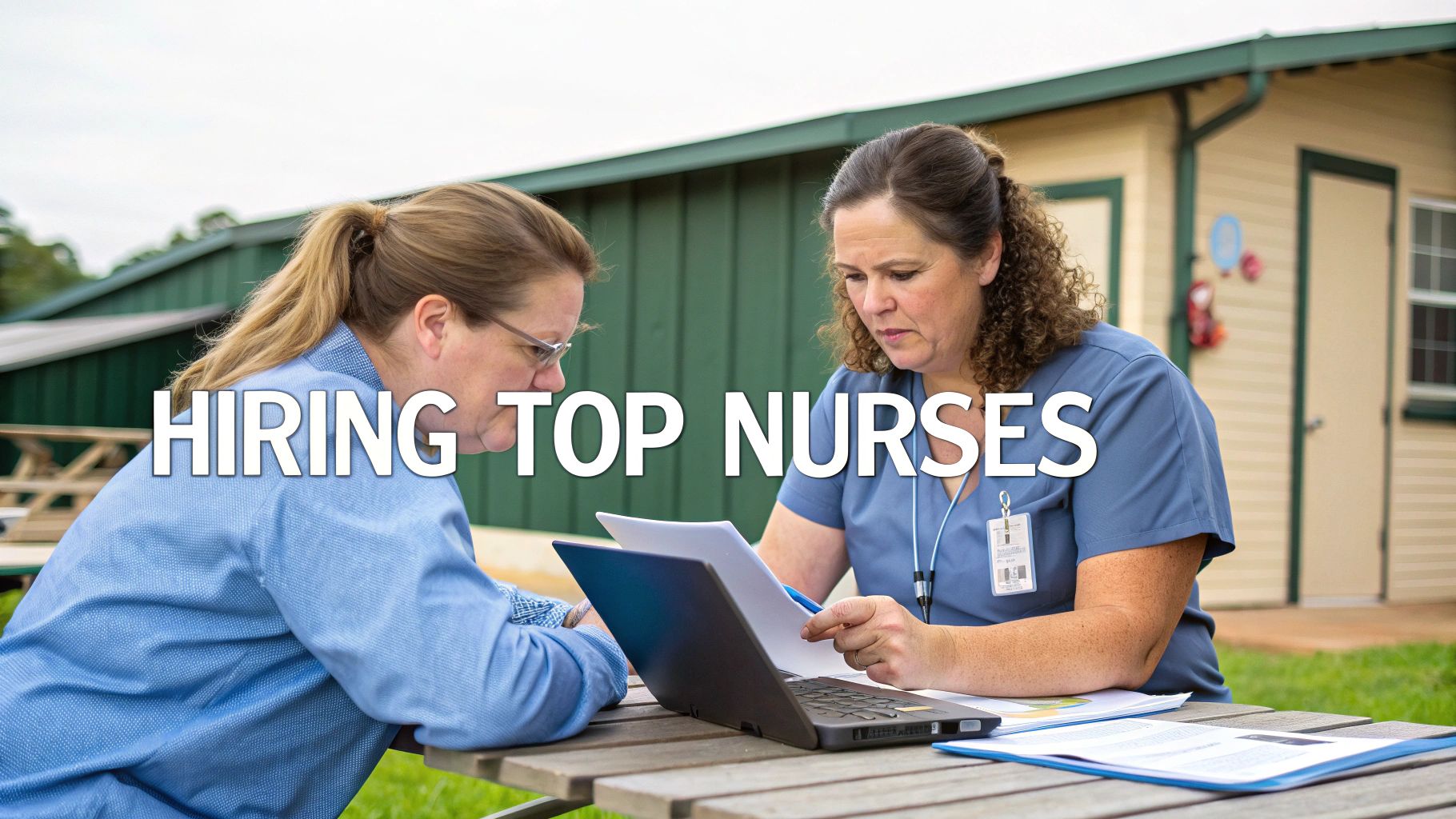 Two women, one in scrubs, review documents at a picnic table, symbolizing nurse recruitment.