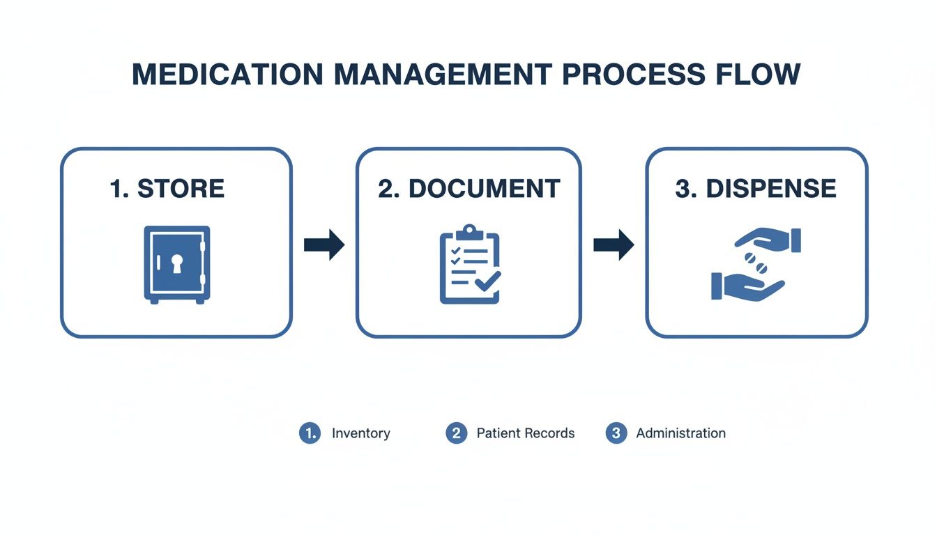 Medication management process flow diagram detailing storage, documentation, and dispensing, with inventory, records, and administration steps.
