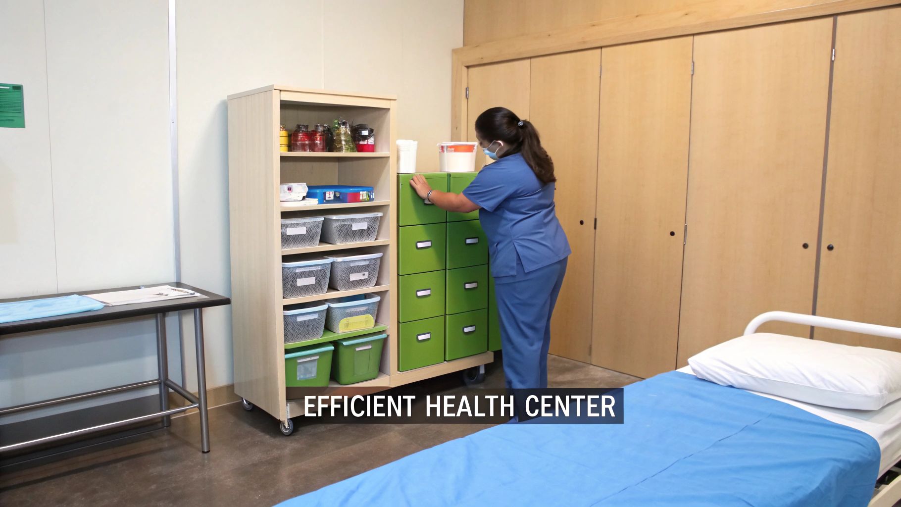 A nurse in blue scrubs organizes medical supplies in a well-equipped health center room.