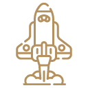 Icon of a rocket blasting off with smoke below.