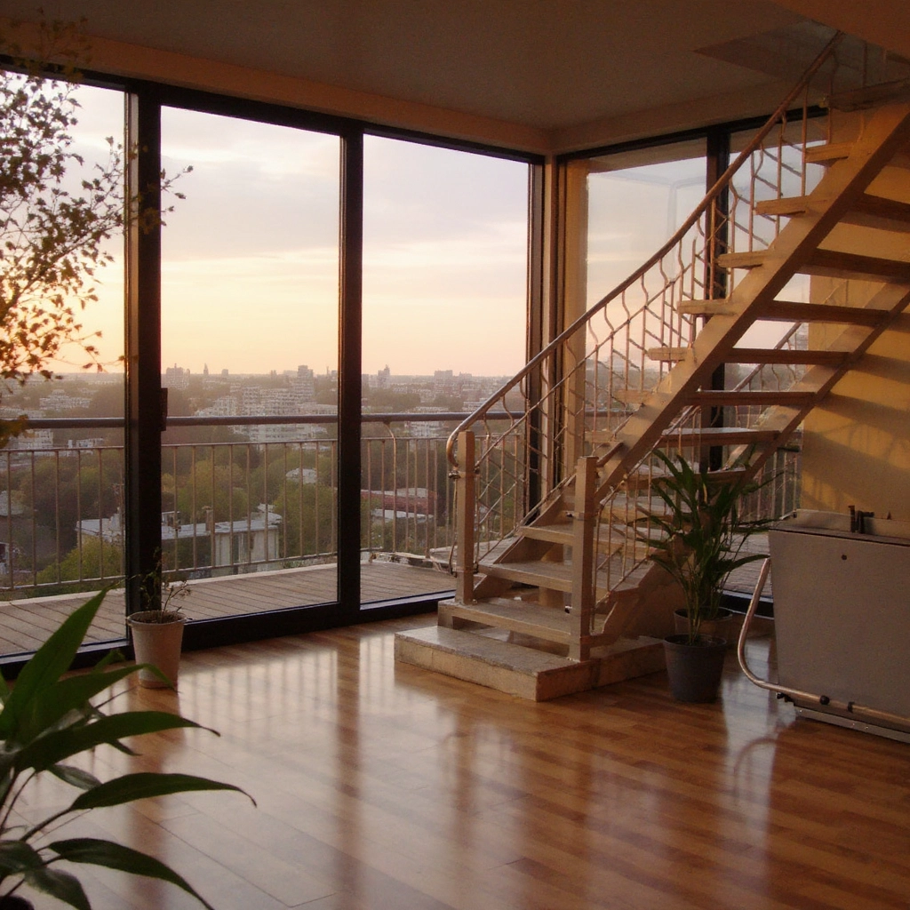 A staircase with a platform lift leading upstairs in a cityloft