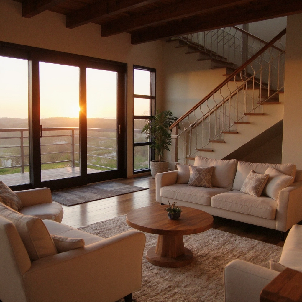 Wohnzimmer mit bequemen beige Sofas, rundem Holztisch, Teppich, Pflanze und Treppe, Sonnenuntergang durch große Glasfenster.