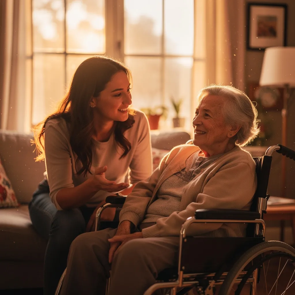 Junge Frau spricht lächelnd mit älterer Frau im Rollstuhl bei warmem Sonnenlicht im Wohnzimmer.