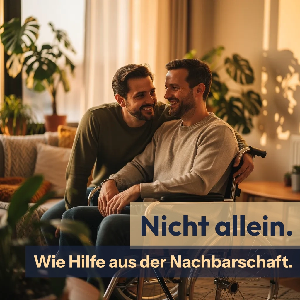 Zwei lächelnde Männer, einer sitzt im Rollstuhl, sitzen zusammen in einem gemütlichen Wohnzimmer mit Pflanzen.