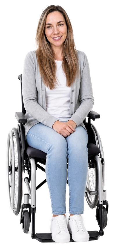 Lächelnde Frau mit langen Haaren sitzt im Rollstuhl, trägt graue Strickjacke und blaue Jeans.