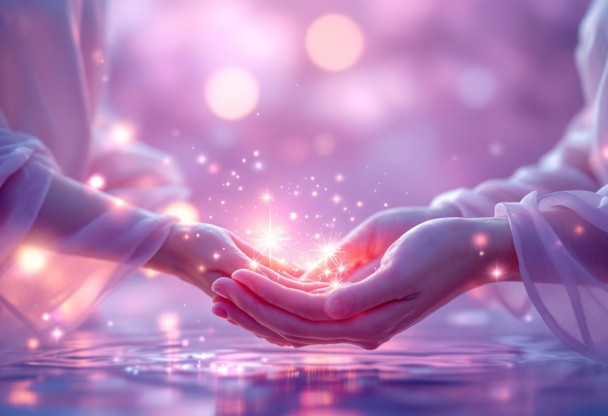 Two hands holding a glowing light against a soft purple background.