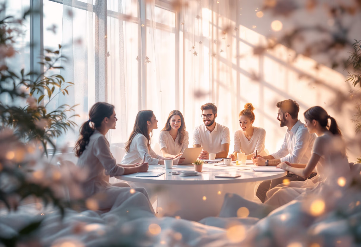 Group meeting around a round table in a bright, plant-filled room.