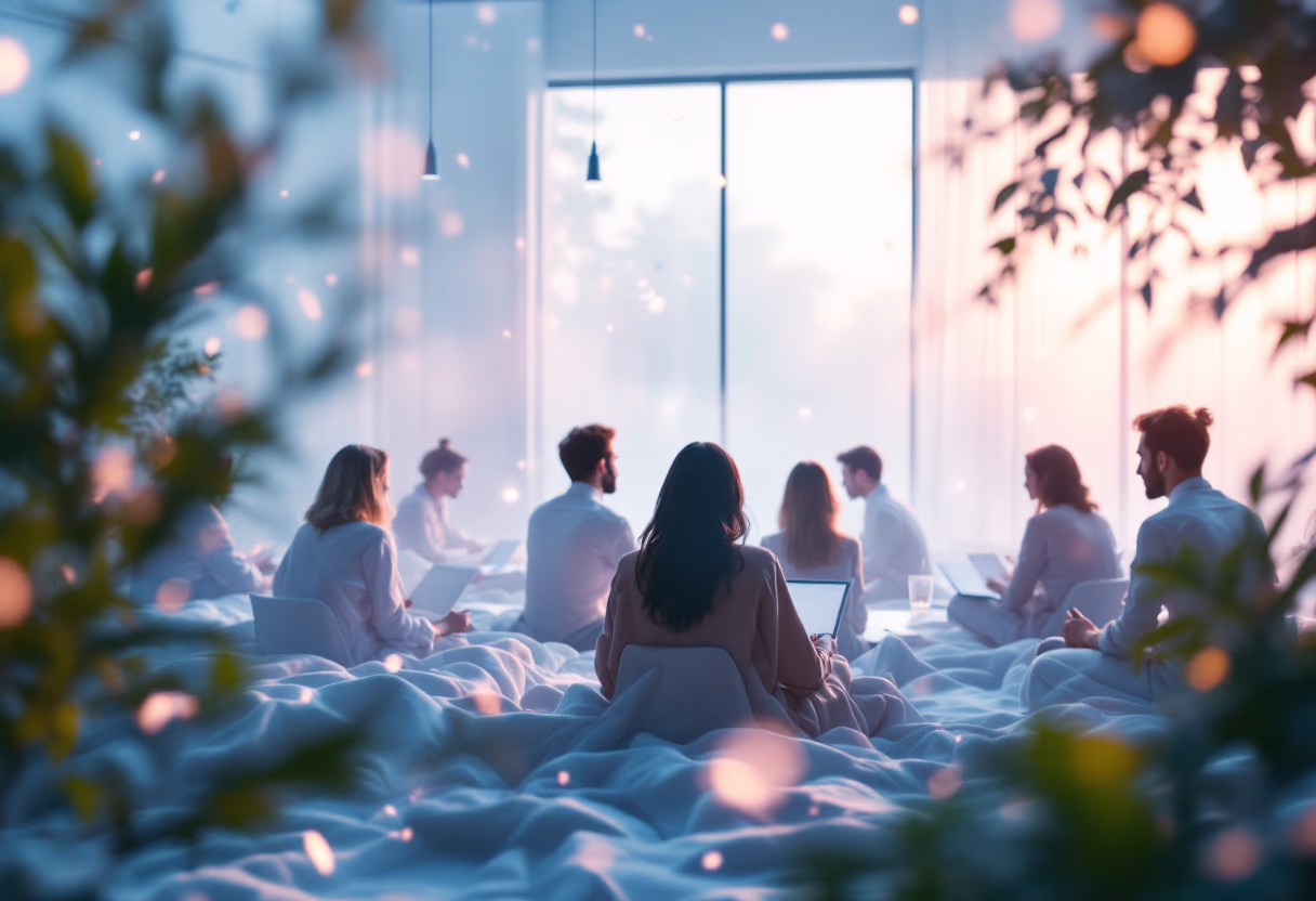 Group sitting on soft cushions in a bright room during a workshop.