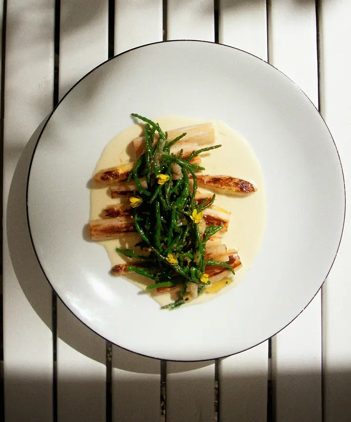 Auf weißem Teller gebratener weißer Spargel mit grünem Gemüse und gelben Blüten auf weißer Soße.