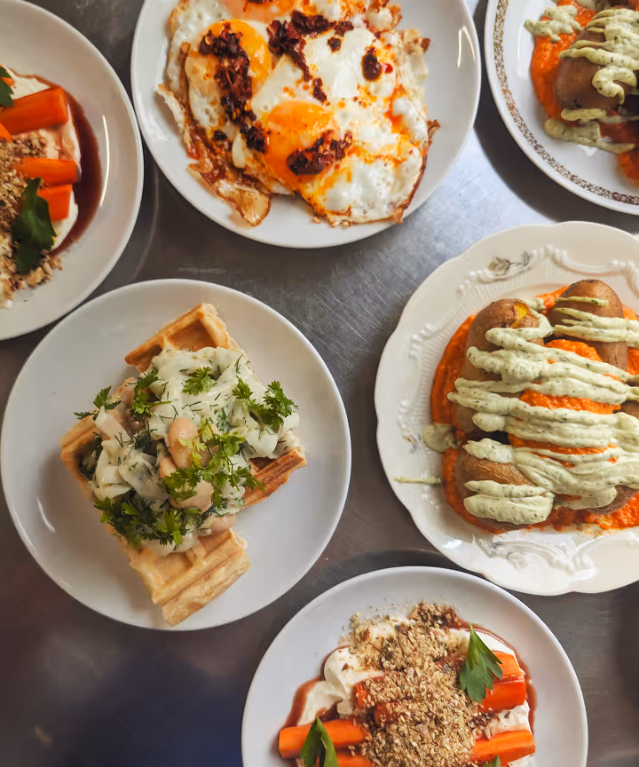 Mehrere Teller mit verschiedenen Gerichten: Spiegeleier, Waffeln mit Kräutern, Kartoffeln mit Soße, Karotten und Joghurt.