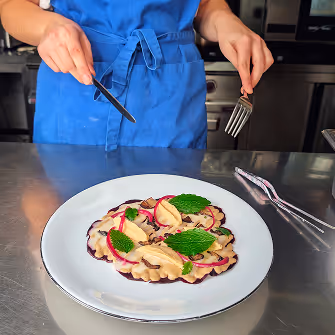 Person mit blauem Schürze hält Messer und Gabel vor Teller mit dekoriertem Ravioli-Gericht.