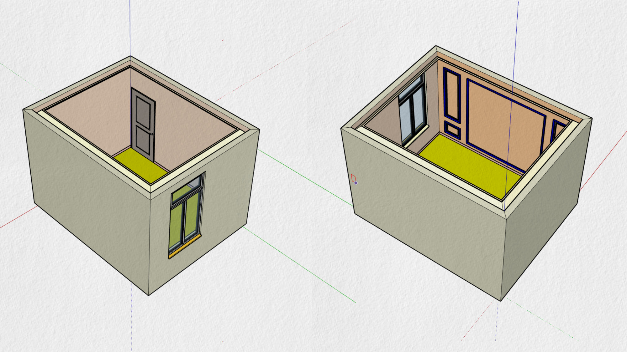 Modélisation de la pièce, avec fenêtres et portes