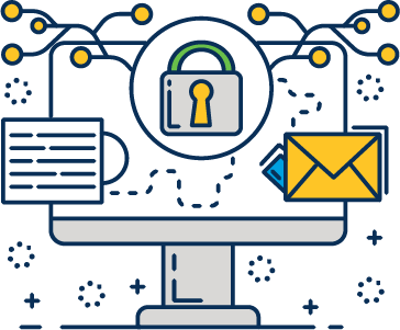 Illustration of a laptop with a folder of files on screen, a lifebuoy above it, and a faceless person with a question mark in speech bubbles, symbolizing help or support.