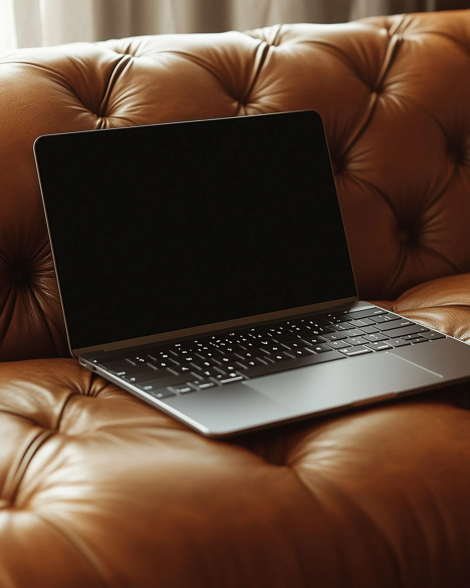 A laptop computer sitting on top of a brown leather couch.