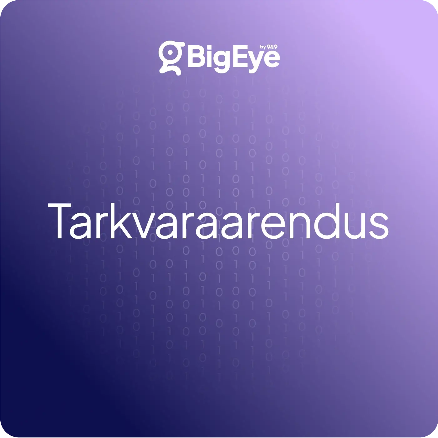 BigEye logo with binary code background and the word Tarkvaraarendus in the center on a purple gradient background.