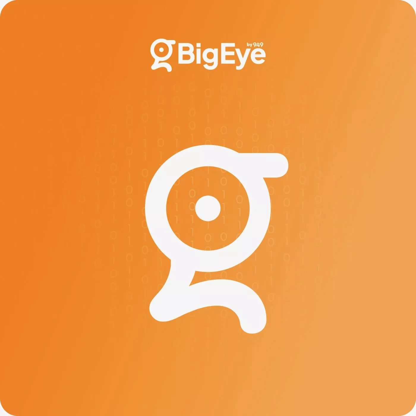 White stylized eye logo with circular design and dot on an orange background with binary code pattern and text 'BigEye by 949'.