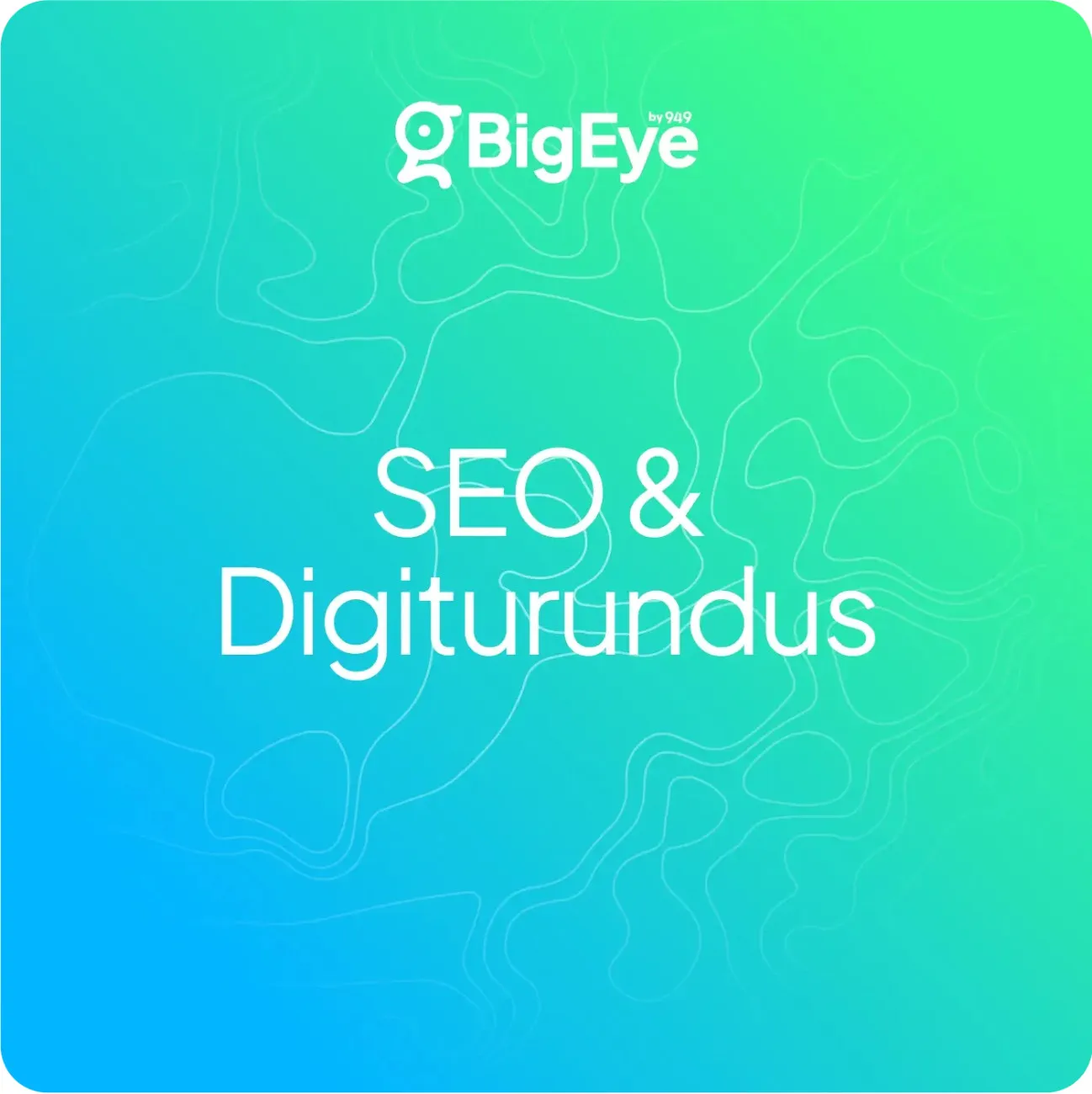 BigEye logo with SEO ja digiturundus text on a blue-green gradient background with abstract contour lines.