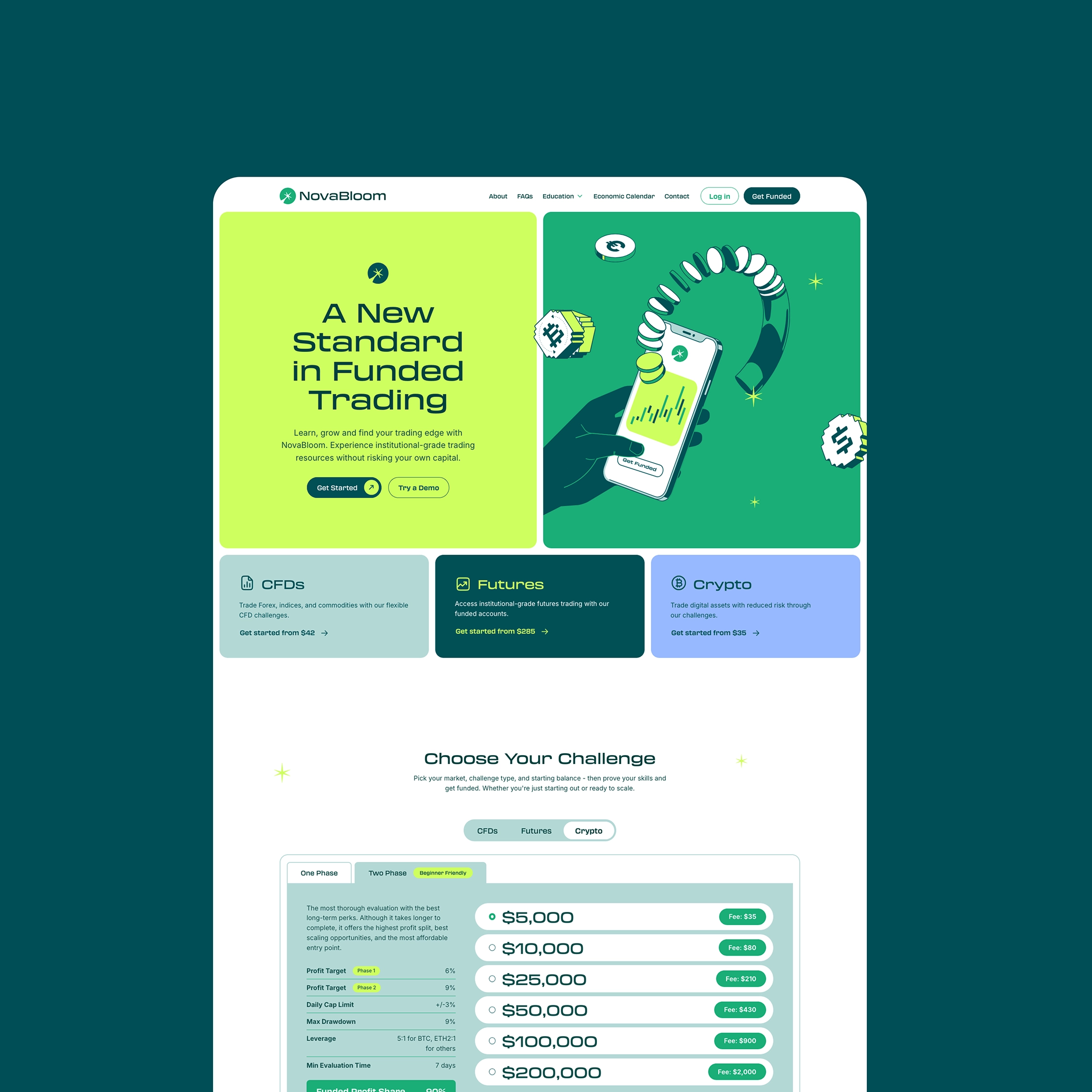 NovaBloom webpage showcasing funded trading challenges with options for CFDs, Futures, and Crypto, highlighting a new standard in funded trading and a detailed pricing table for crypto challenges.