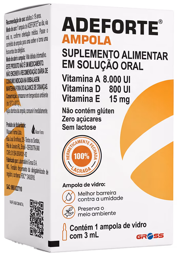 Embalagem do suplemento alimentar Adeforte Ampola com vitaminas A, D e E em solução oral, sem glúten, açúcar e lactose, contendo 1 ampola de vidro de 3 mL.