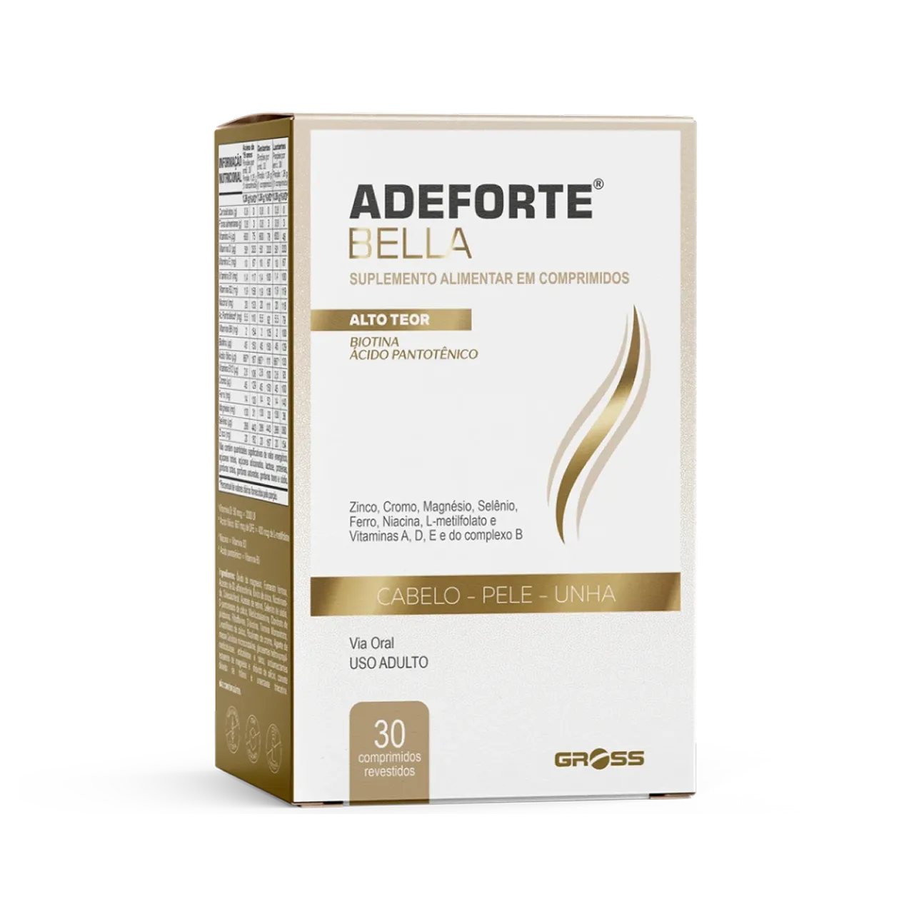 Caixa do suplemento alimentar Adeforte Bella para cabelo, pele e unha com alto teor de biotina e ácido pantotênico, contendo 30 comprimidos revestidos.