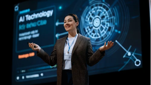 Speaker presenting at a corporate conference with projected slides in a hybrid event setting