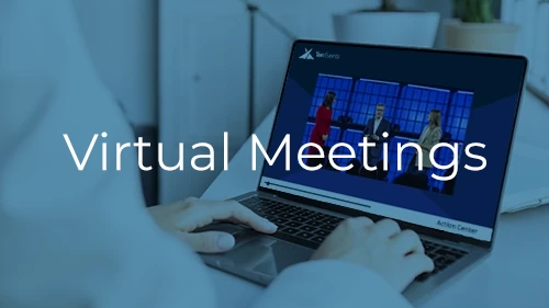 Virtual event attendee watching corporate speakers on the Ten Events Xyvid Pro webcast platform