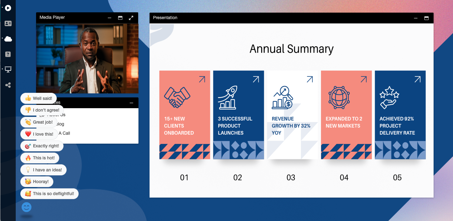 Town hall engagement tools showing live polls, Q&A questions, and real-time reactions from employees