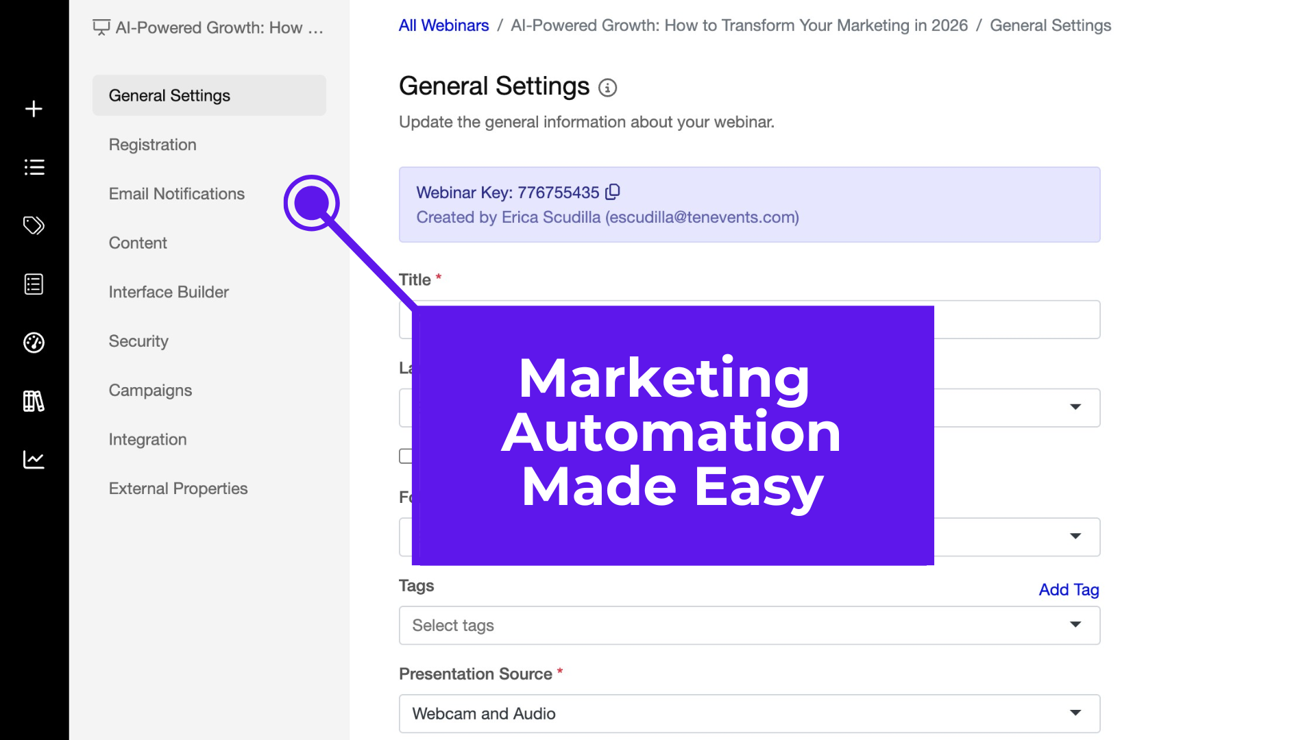Webinar marketing automation interface showing general settings and campaign management
