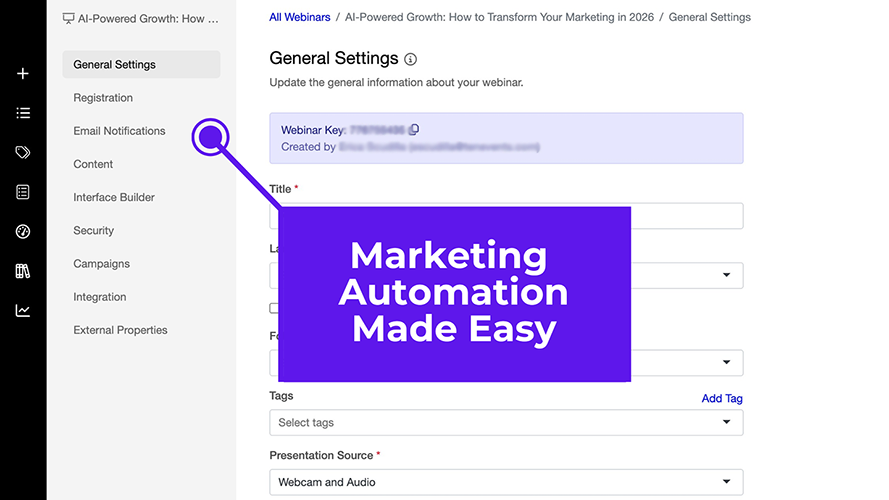 Webinar marketing automation interface showing general settings and campaign management