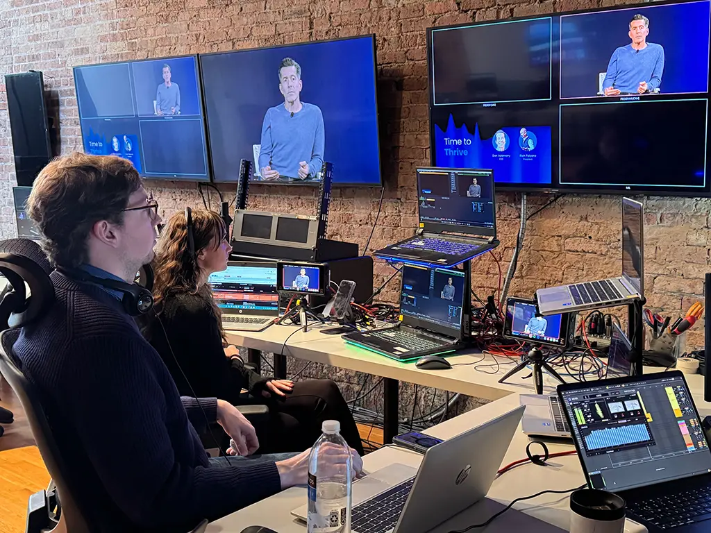 Professional production control room with multiple displays