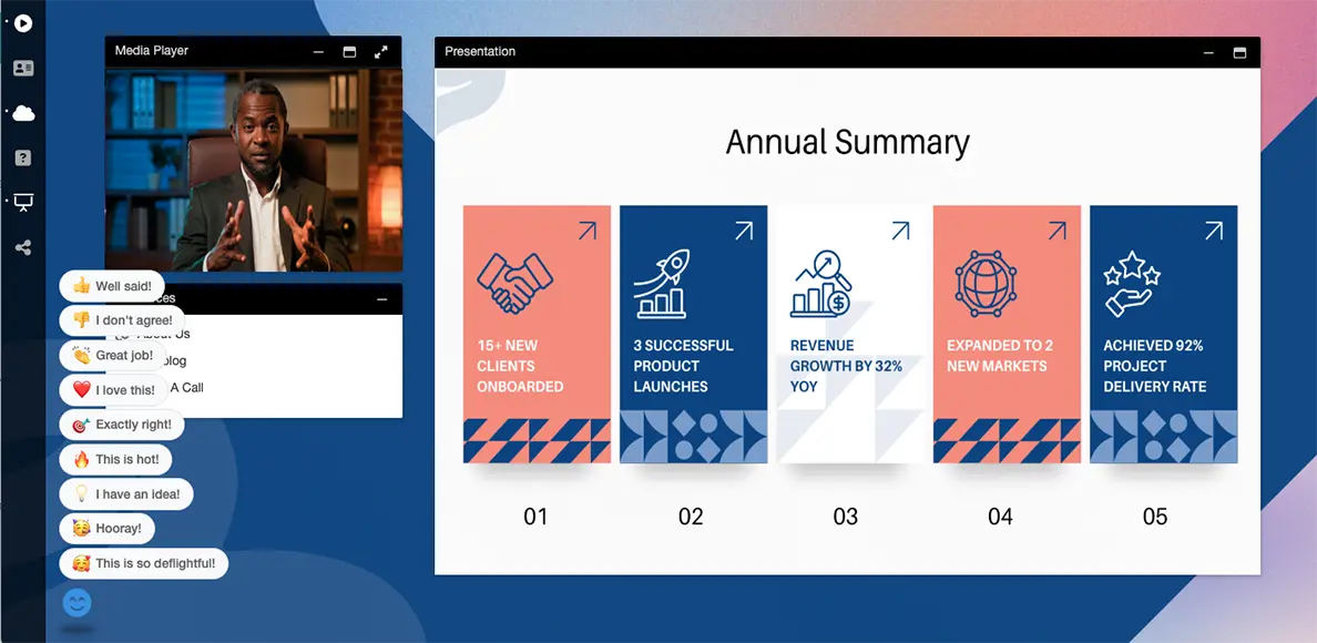 Town hall engagement tools showing live polls, Q&A questions, and real-time reactions from employees