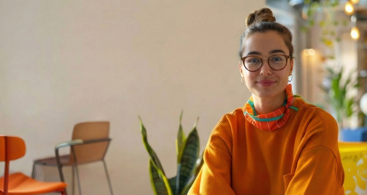Woman in an orange jumper sitting on a yellow lounge in a modern office.