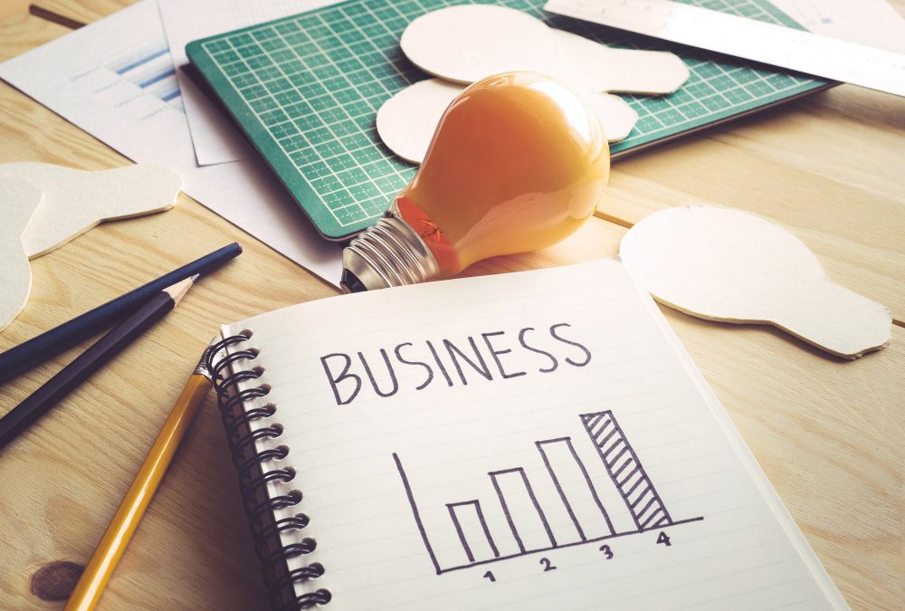 Image of open notepad on a desk with the word BUSINESS written on it