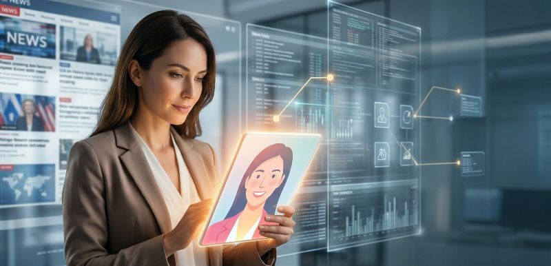 A professional woman in a modern office looking at a glowing digital tablet. The screen reflects a simplified, smiling cartoon version of herself rather than the complex data and global news blurred in the background, symbolizing algorithmic confirmation bias and cognitive offloading.